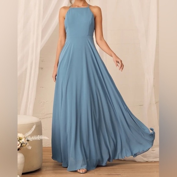 Lulus Dresses & Skirts - Lulus Mythical Kind of Love Slate Blue Maxi Dress Criss Cross Back Gown Sz M